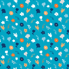 Elegant pattern of orange and blue flowers and leaves. Seamless vector image on a blue background.