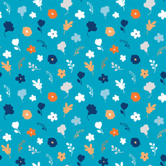 Elegant pattern of orange and blue flowers and leaves. Seamless vector image on a blue background.