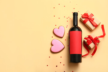 Composition with bottle of wine, cookies and gifts for Valentines Day on color background