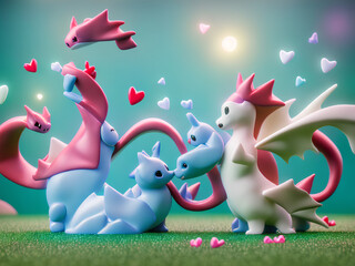 Cute dragons kissing on Valentine's Day created with Generative AI technology