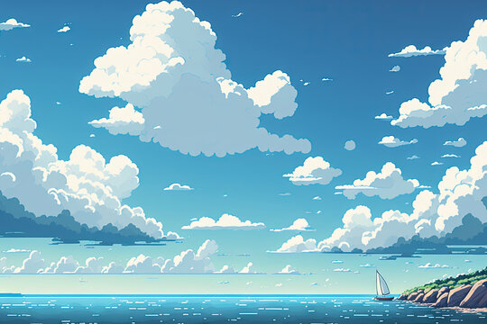 a scene with a clear sky, some clouds, and a calm sea. Generative AI