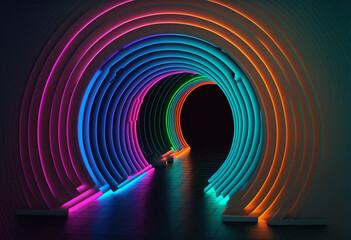 Fototapeta na wymiar Ai-Generated 3D Neon Tunneling Through a Vibrant, Futuristic Surreal Landscape
