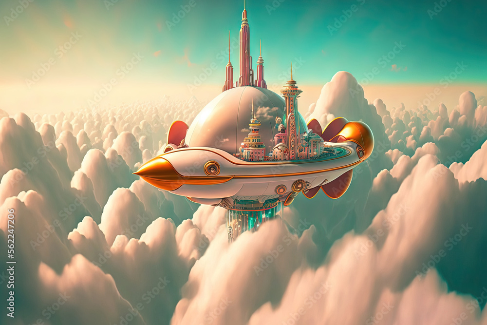 Poster a spaceship is seen flying above a futuristic fantasy cityscape as the top of a high rise structure 