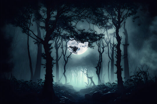 Illustration of dark scary forest under clouds of fog. A scene from a horror movie, smoke, mist. Autumn night. Bare tree, fright, magical realism. Fear concept.