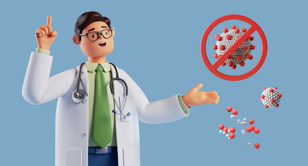 3d render, cartoon character trustworthy doctor wears glasses and tells about coronavirus. Smart professional caucasian male specialist. Medical presentation clip art isolated on blue background