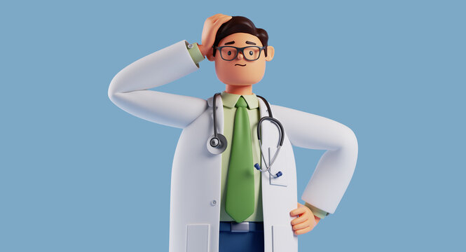 3d render, cartoon character male doctor confused. Thinking man touches head and looks at camera. Medical clip art isolated on blue background. Problem solving concept. Professional therapist at work