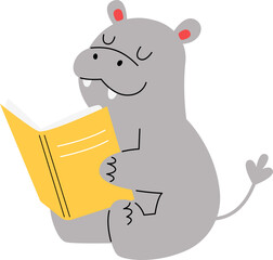 Cute funny hippo read book flat icon