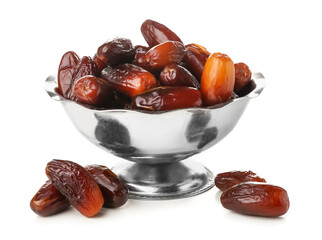 Bowl with dried dates for Ramadan on white background