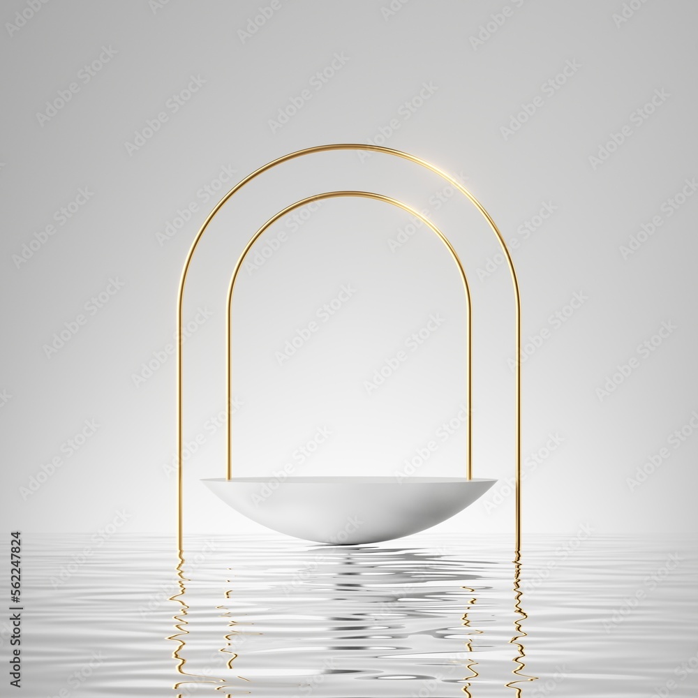 Poster 3d render, abstract minimalist white background with empty hemispheric stage for product presentatio