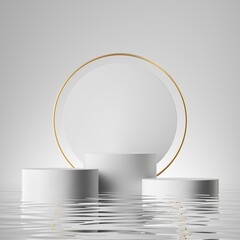 3d render, abstract minimalist white background with empty stage platform for product presentation, golden round arch and reflection in the water
