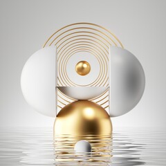 3d render, abstract geometric background with white hemispheres gold balls, golden rings and liquid floor, reflection in the water. Simple showcase scene with platform for product presentation