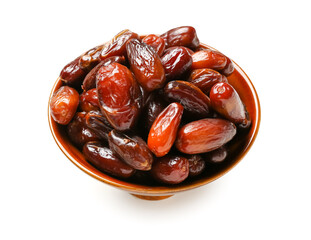Bowl with dried dates for Ramadan on white background