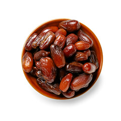Bowl with dried dates for Ramadan on white background