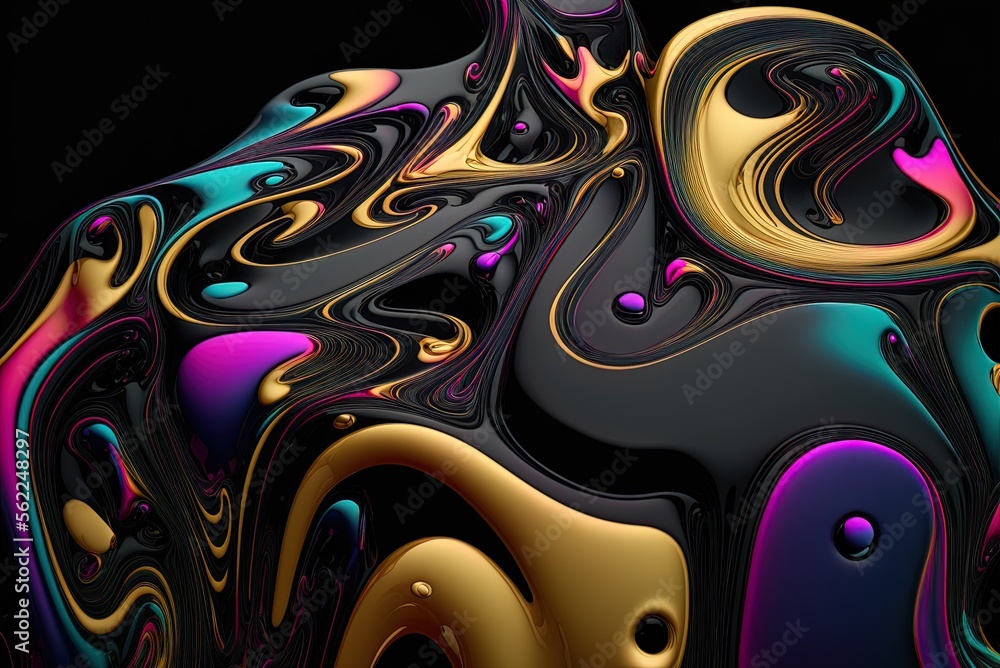 Poster fluid art with colorful waves and swirls. a glossy black background. generative ai