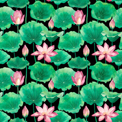 Fototapeta na wymiar Watercolor floral pattern, lotus leaves and flowers on a black background.