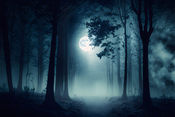 Illustration of dark scary forest under clouds of fog. A scene from a horror movie, smoke, mist. Autumn night. Bare tree, fright, magical realism. Fear concept.