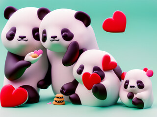 Panda bear family eating heart-shaped cookies on Valentine’s Day created with Generative AI technology