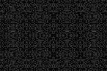 Embossed black background, ethnic cover design. Press paper, boho style. Geometric trendy elegant 3d pattern. Tribal ornamental motifs of the East, Asia, India, Mexico, Aztecs, Peru.