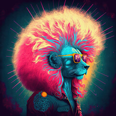 Cool neon party lion with mohawk hairstyle. Generative AI Not based on