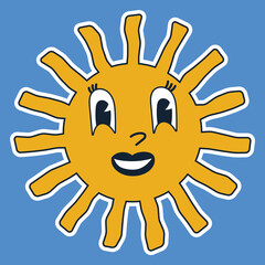 Cute retro 30s yellow female face sun sticker, symbols isolated on blue background.