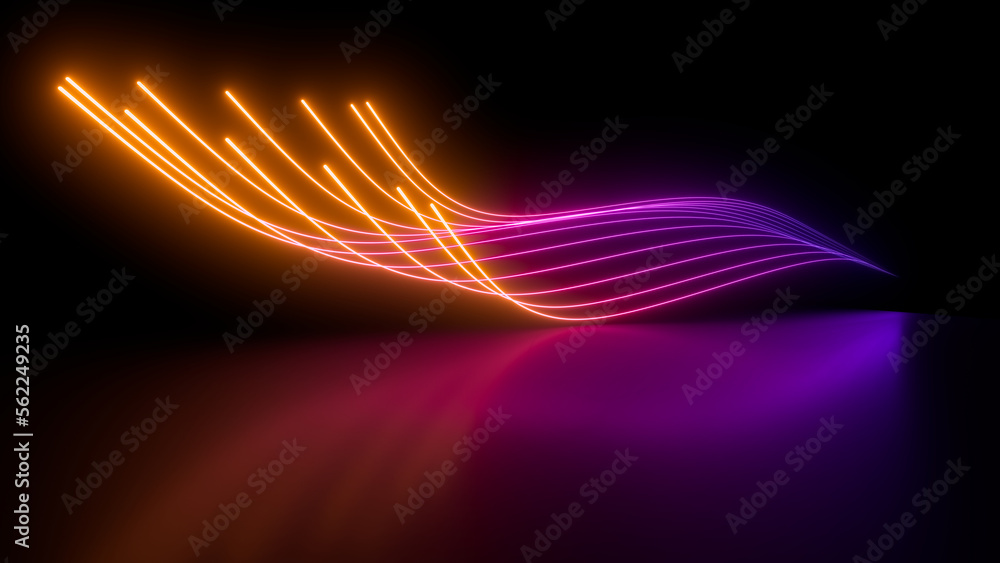 Poster sci fy neon glowing wave lines in a dark hall. reflections on the floor. 3d rendering image. abstrac