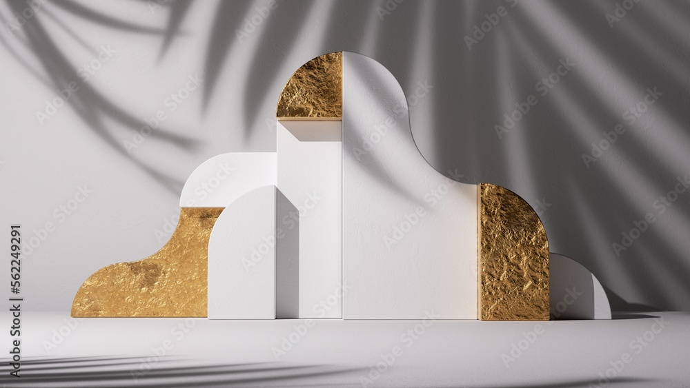 Poster 3d render, abstract white gold geometric background with palm leaf shadow. blank showcase with empty