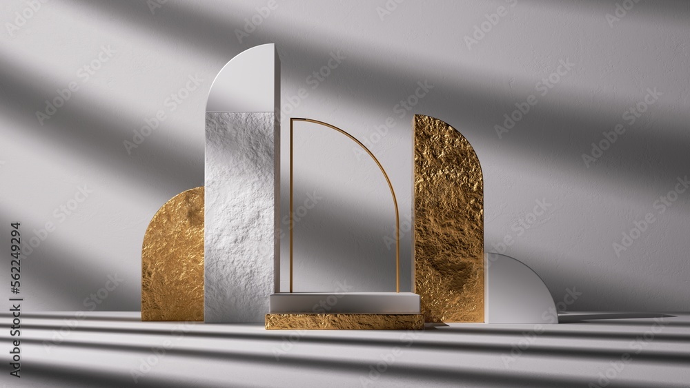 Poster 3d render, abstract minimalist geometric background with shadow, empty podium and white rocks, gold 