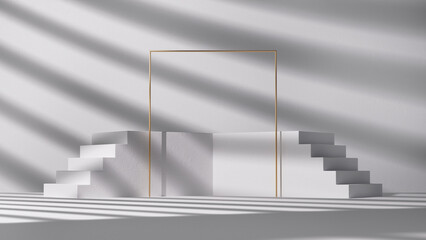 3d render, abstract background with shadows, white steps and gold square frame. Blank showcase scene for product presentation