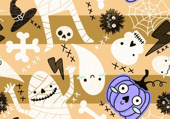 Halloween mummy and pumpkins seamless ghost and bones and skulls and monsters pattern for wrapping paper