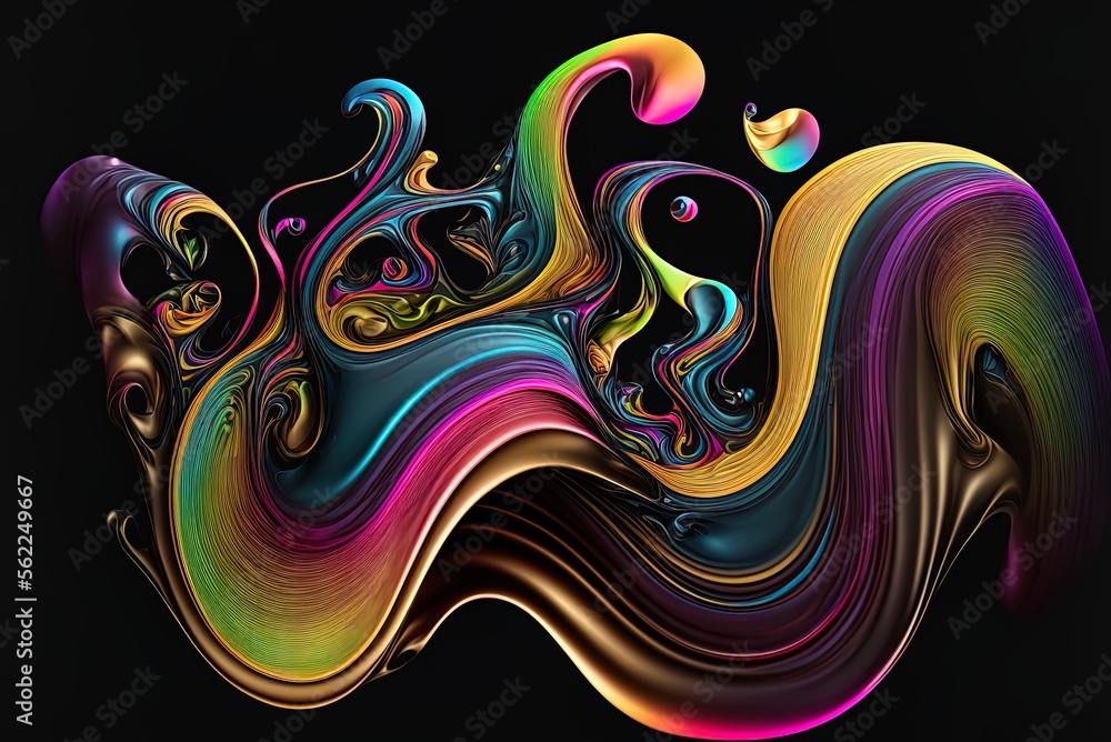 Poster fluid with a variety of undulations and swirls in a rainbow of colors. shiny black background. gener