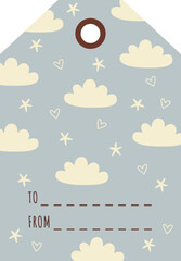 Cute decorative clouds on tag flat icon