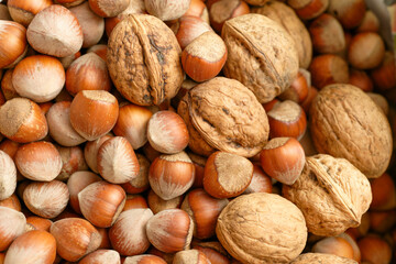 Hazelnuts and walnuts background texture close-up.
