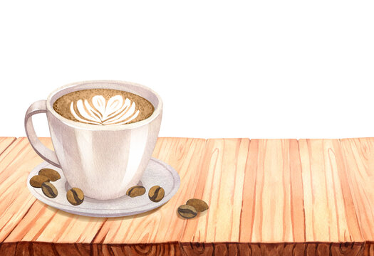 Watercolor glass coffee cup hot latte cappuccino with froth heart of milk on wood table. Hand-drawn illustration isolated on white background.Perfect food menu, concept for cafe, cards, posters