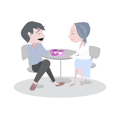 illustration couple sitting and having coffee and chatting happily. Clip art flat design cartoon character man woman and romantic color tone. Valentine Day.Holiday concept.transparent background.Png.