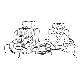 recommend clip art: mother and baby with car seat and seat belt in car illustration vector hand drawn isolated on white background line art.