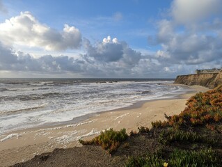Half Moon Bay coastline, sunset over the sea, storm over the sea, clouds over the sea, California coast, pacific ocean coastline, breathtaking ocean view, west coast, view from the cliffs