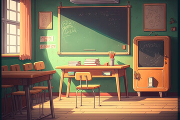 School classroom with desks chair wood, and blackboard in high school thailand, vintage tone education concept. Generative AI