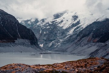 Melted Glacial Lake Surrounded By Snow Covered Mountains in Mount Cook National Park, New Zealand