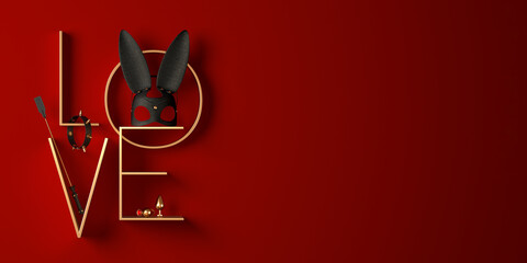 Creative 3D render illustration with BDSM elements: a bunny mask, a leather whip, anal plugs and a collar with spikes. - obrazy, fototapety, plakaty