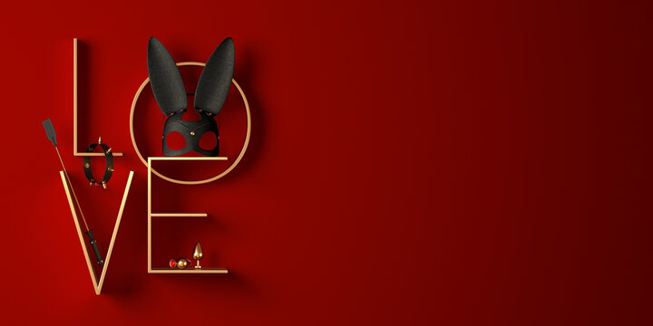 Creative 3D render illustration with BDSM elements: a bunny mask, a leather whip, anal plugs and a collar with spikes.