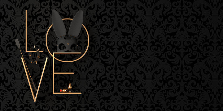 Creative 3D render illustration with BDSM elements: a bunny mask, a leather whip, anal plugs and a collar with spikes.