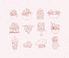 Sweets cooking appliances with flowers in hand drawing style on peach background