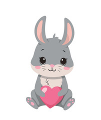 Rabbit in love. Charming and cute character sitting with heart in his hands. Toy or mascot, gift, present and surprise. Symbol of valentines day and romance. Cartoon flat vector illustration