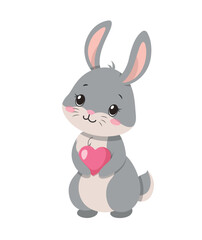 Rabbit in love. Animal stands with heart. Sticker for social networks and messengers. Nature wildlife and fauna. Aesthetics and elegance, care and tenderness. Cartoon flat vector illustration