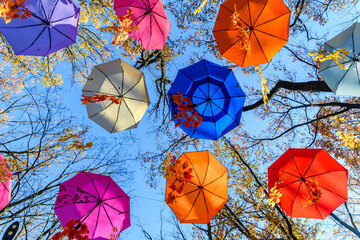 Fototapeta na wymiar Many open umbrellas hanging above the head in city park