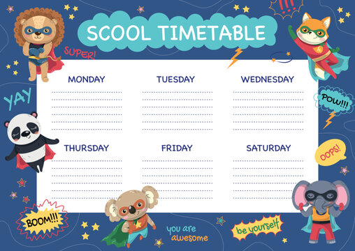 School timetable design. School supplies, education and training, schedule and time management. Superheroes animals, imagination and fantasy. Poster or banner. Cartoon flat vector illustration