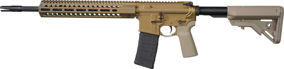 Beige colored assault rifle with a high capacity magazine