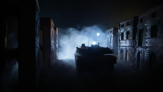 War Concept. Military silhouettes fighting scene on war fog sky background, World War Soldiers Silhouette Below Cloudy Skyline At night. Battle in ruined city. Selective focus