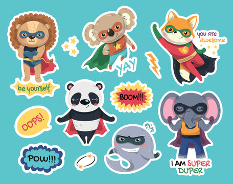 Superheroes stickers set. Collection of animals wearing masks and capes with super strength. Panda, dolphin, elephant, fox and koala. Cartoon flat vector illustrations isolated on blue background