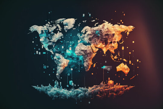 Multi exposure of abstract graphic coding sketch with world map on modern computer background, big data and networking concept. Generative AI